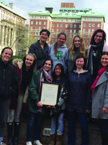 Last year's mentee Tasha Beaudoin (right) and the Thousand Oaks High School Lancer staff members celebrate their Gold Crown at the Columbia Scholastic Press Association 2016 awards ceremony on March 18 in New York City.